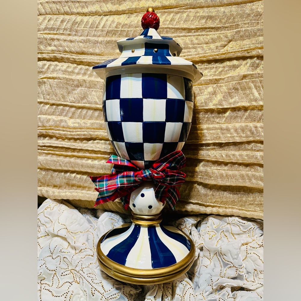 MacKenzie-Childs Blue and White Checkered Vase with Red Accent